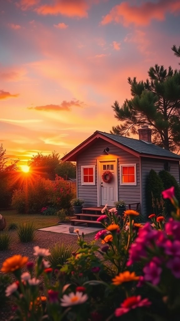 A charming tiny house surrounded by flowers, with a sunset in the background.