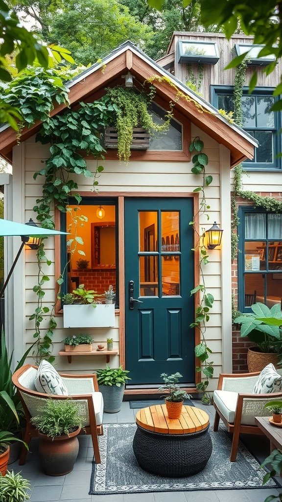 A tiny house with a vertical garden, featuring a green door and potted plants.