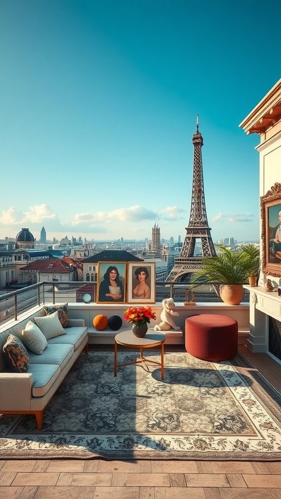 Luxurious penthouse balcony with a view of the Eiffel Tower, featuring vintage decor and modern furnishings.