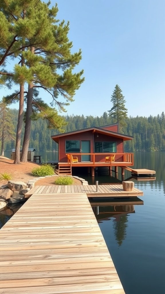 A charming mid-century modern cabin by the water with a wooden dock