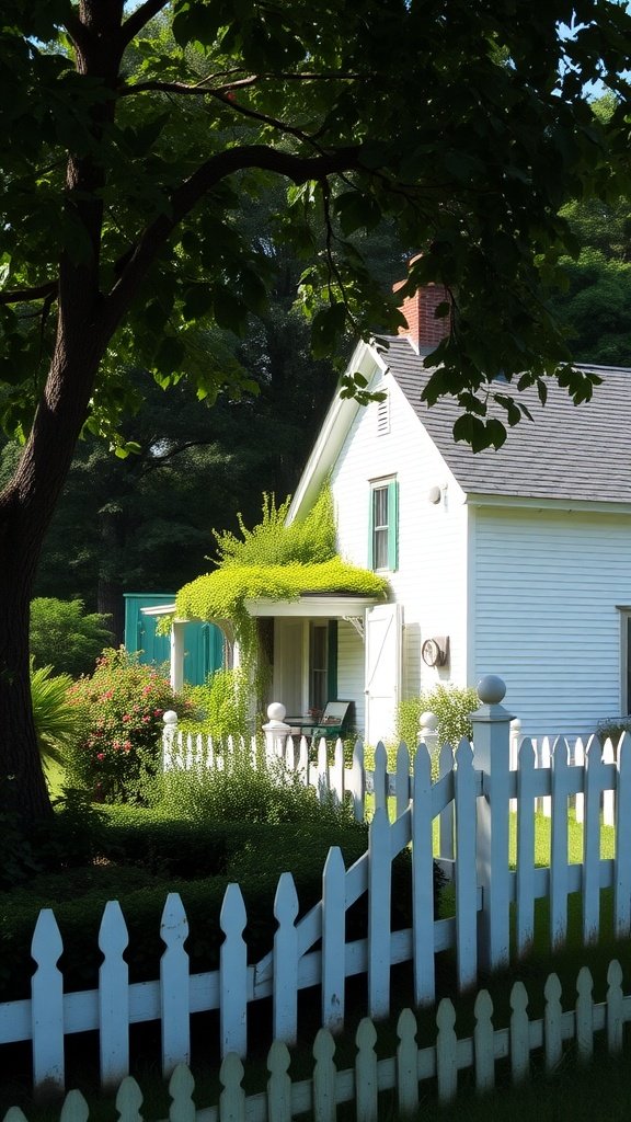 White clapboard farmhouse with green vines and a white picket fence