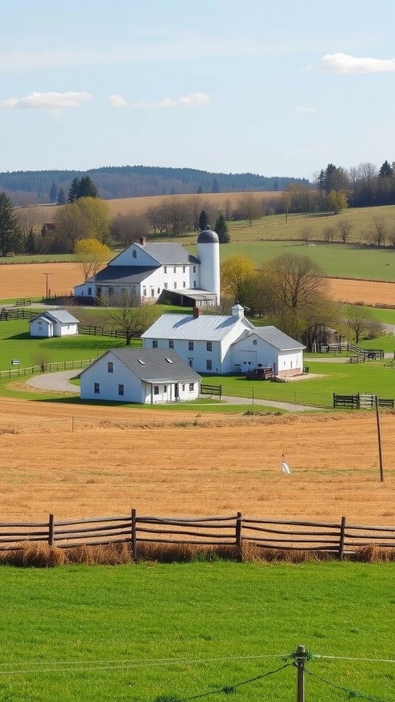 A charming white farmstead surrounded by green fields and golden crops.