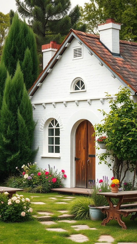 A charming whitewashed cottage with arched windows and a wooden door, surrounded by colorful flowers and greenery.
