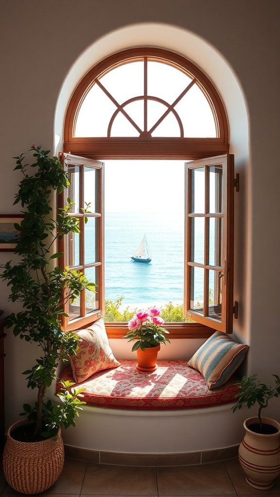 Cozy window seat with ocean view featuring a sailboat and potted plants