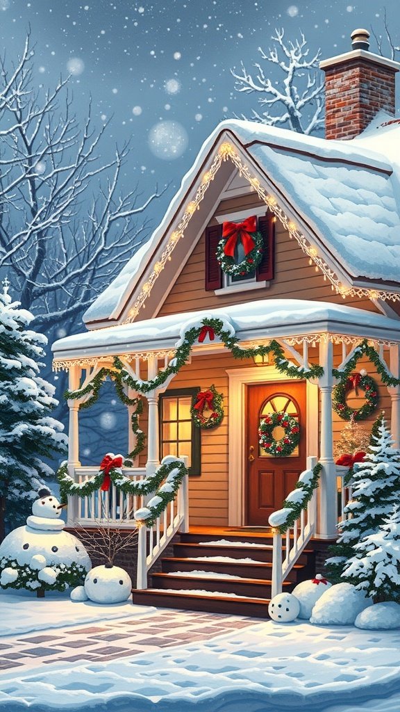 A charming winter house decorated for Christmas with snow, wreaths, and snowmen.