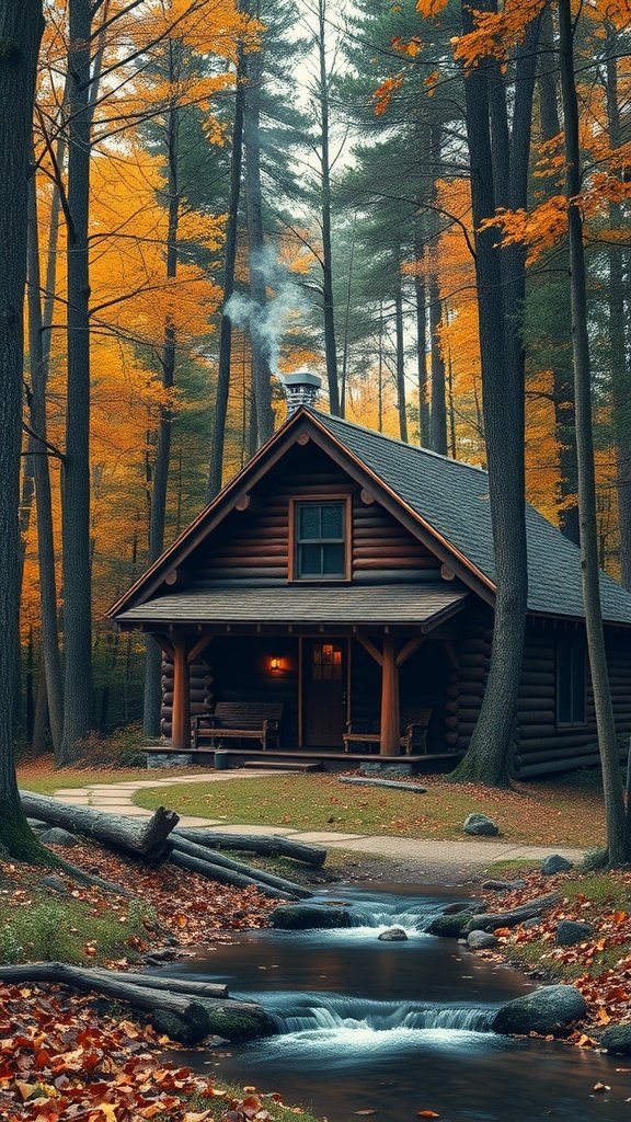 A cozy woodland cabin surrounded by autumn trees and a stream
