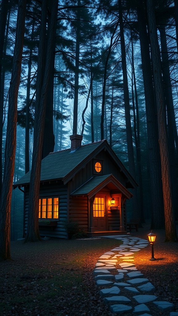 A cozy woodland cottage at dusk, with glowing windows and a stone path.