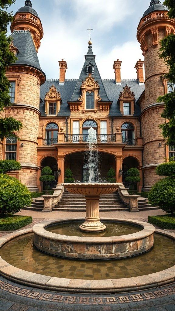 Chateau inspired stone estate with towers and a fountain in the foreground.