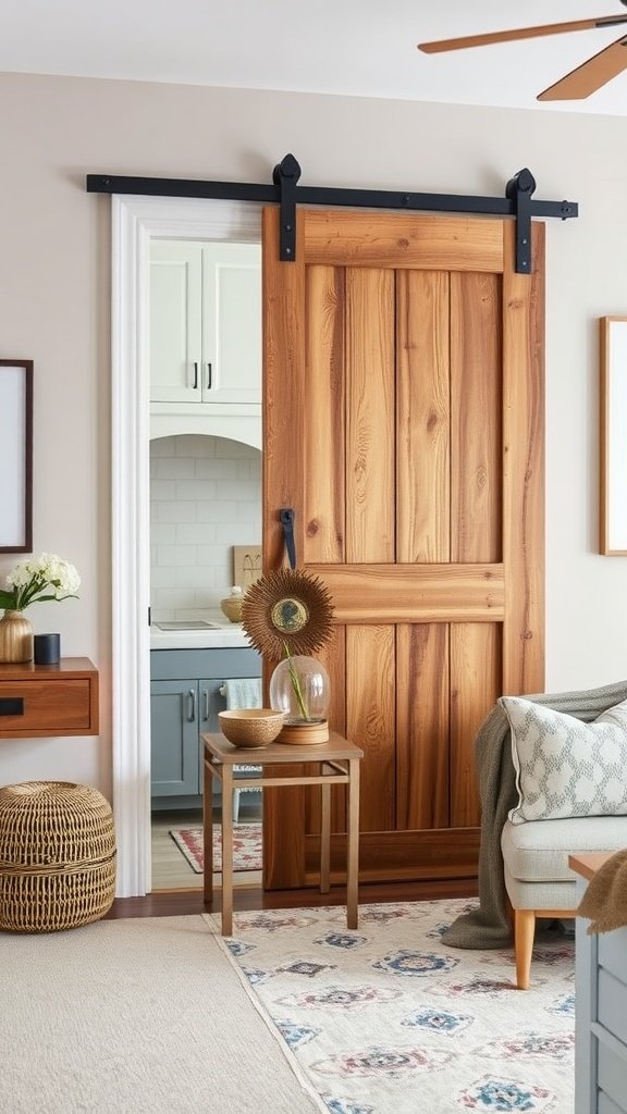 Chic wooden barn door in a cozy guest bedroom