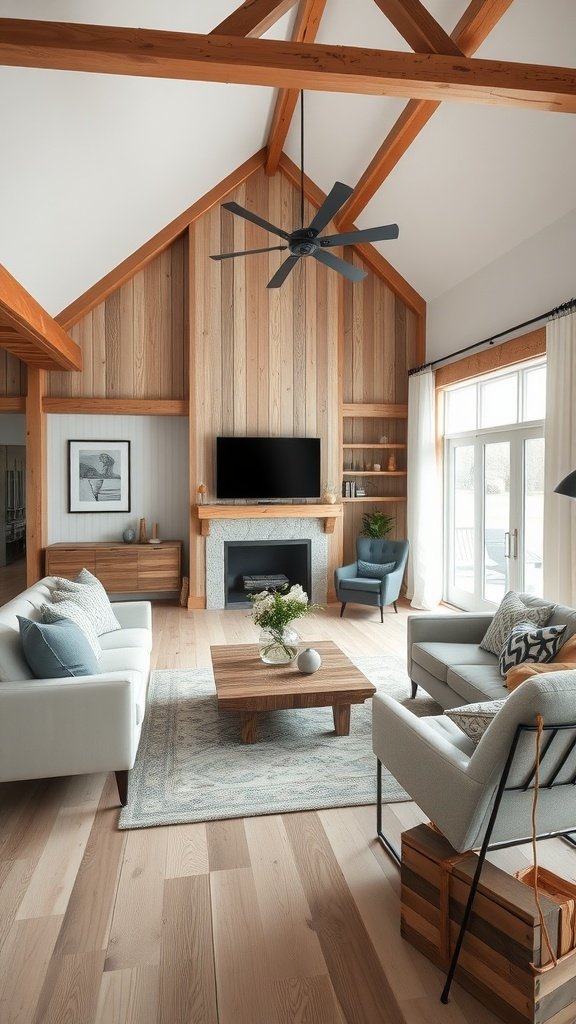 Chic barn house living room with wooden beams, neutral colors, and stylish furniture