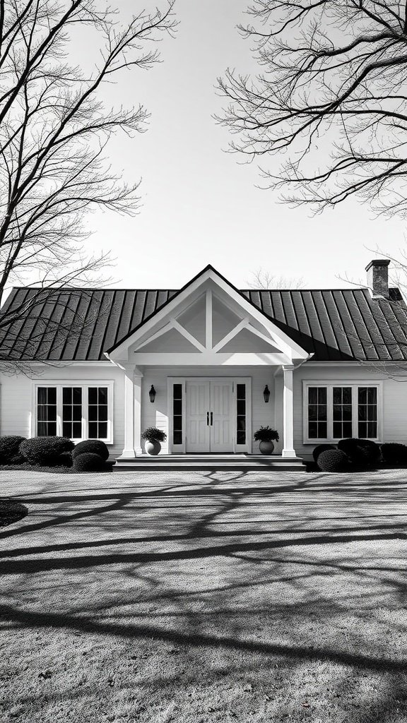 Chic black and white farmhouse with double doors and large windows, framed by bare trees