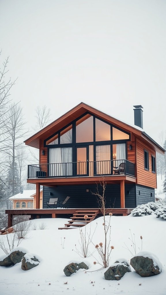 A contemporary cabin exterior featuring large windows, wooden accents, and a snowy landscape.