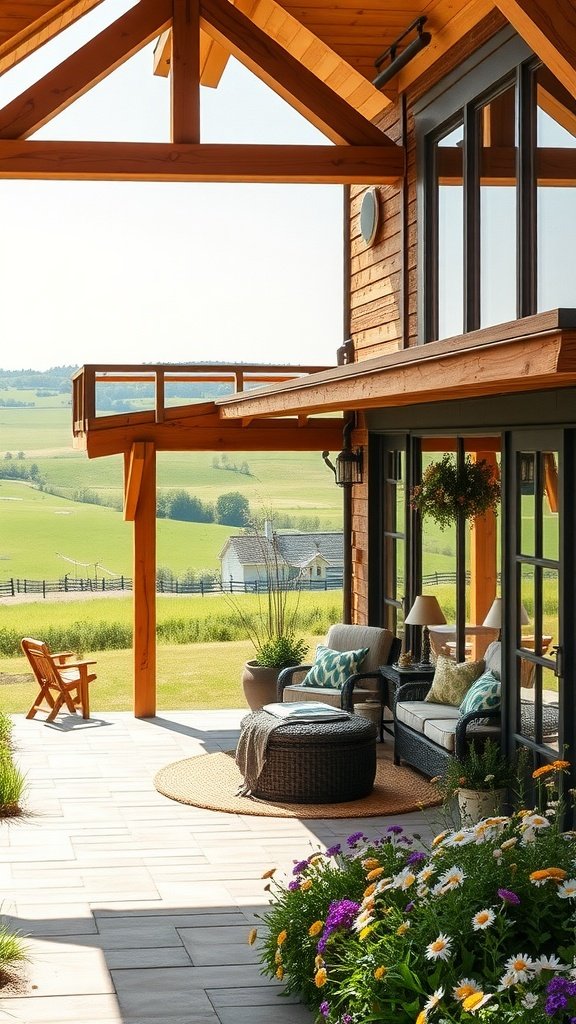 A cozy countryside retreat with wooden beams, outdoor seating, and vibrant flowers, set against a backdrop of rolling fields.