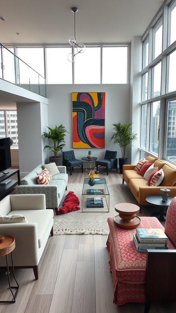 Stylish penthouse living room showcasing eclectic furniture, vibrant art, and abundant natural light.