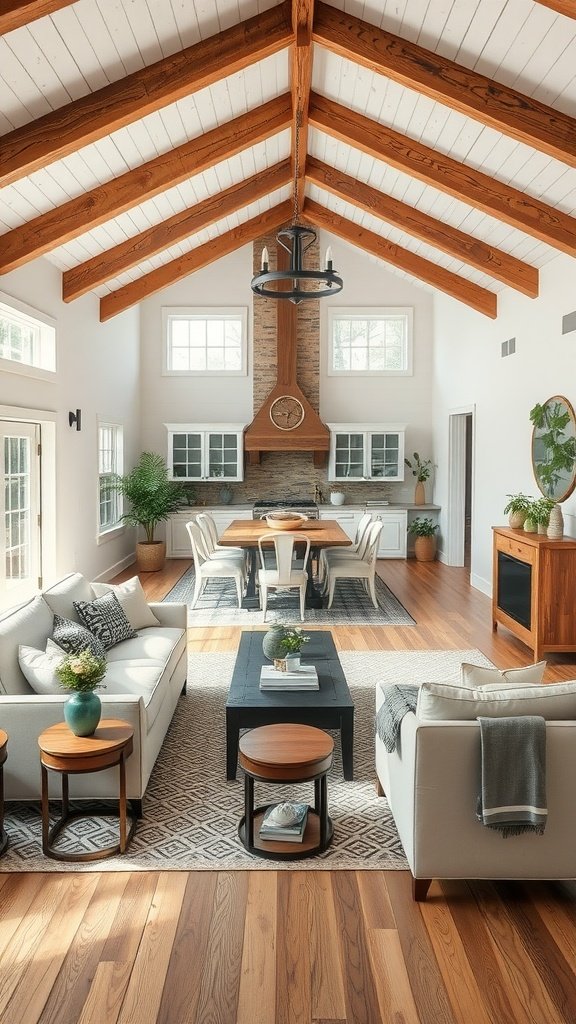 An open concept living space in a chic farmhouse featuring wooden beams, a dining area, and cozy seating.