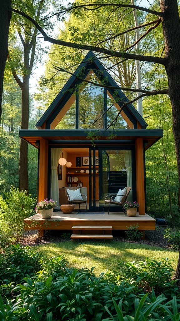 A chic tiny house surrounded by lush greenery, featuring large windows and a cozy porch.