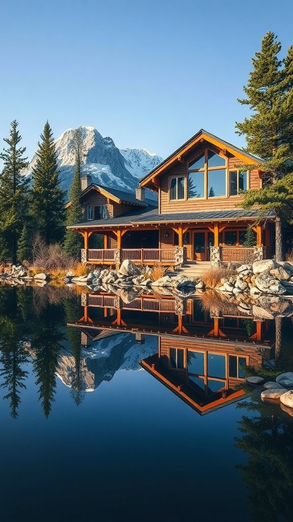 A rustic mountain house overlooking calm waters with a mountain reflection.