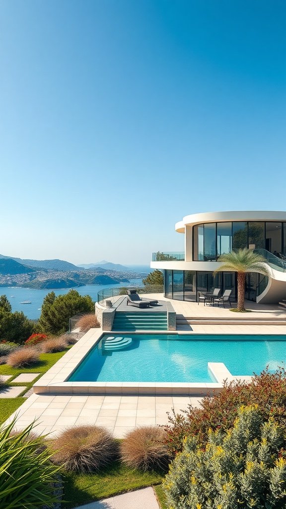 A modern hillside mansion with a pool and stunning views of the sea and mountains.