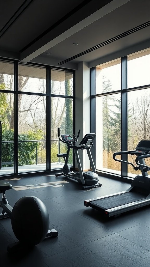 Modern home gym with floor-to-ceiling windows, featuring exercise equipment and a view of the outdoors.