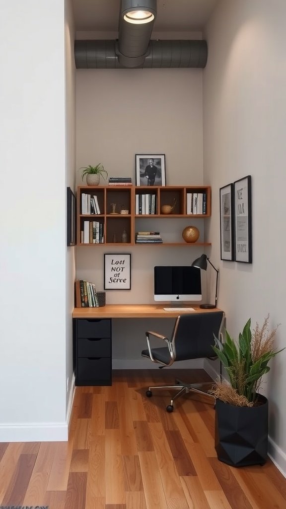 A chic home office nook in a modern loft featuring a wooden desk, shelves with books, a computer, and a plant.