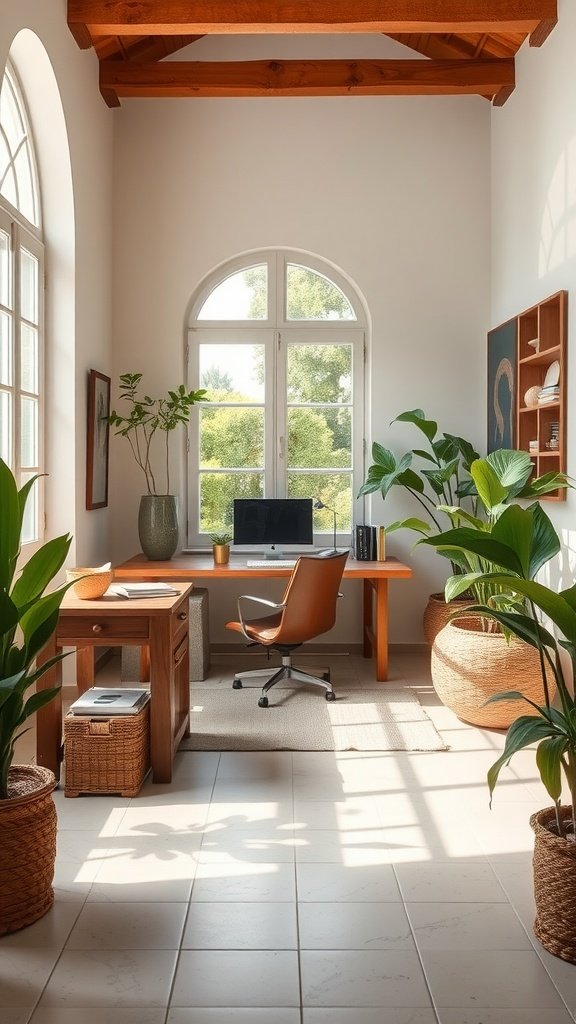 A bright and inviting home office with large windows, wooden furniture, and lush greenery.