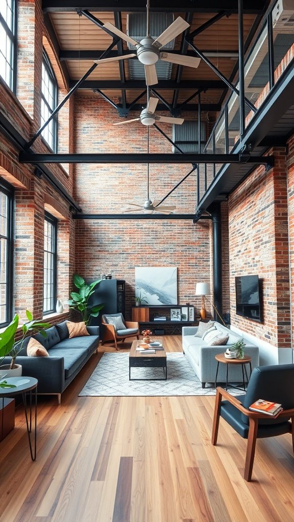 A modern loft apartment featuring exposed brick walls, high ceilings, and stylish furniture.
