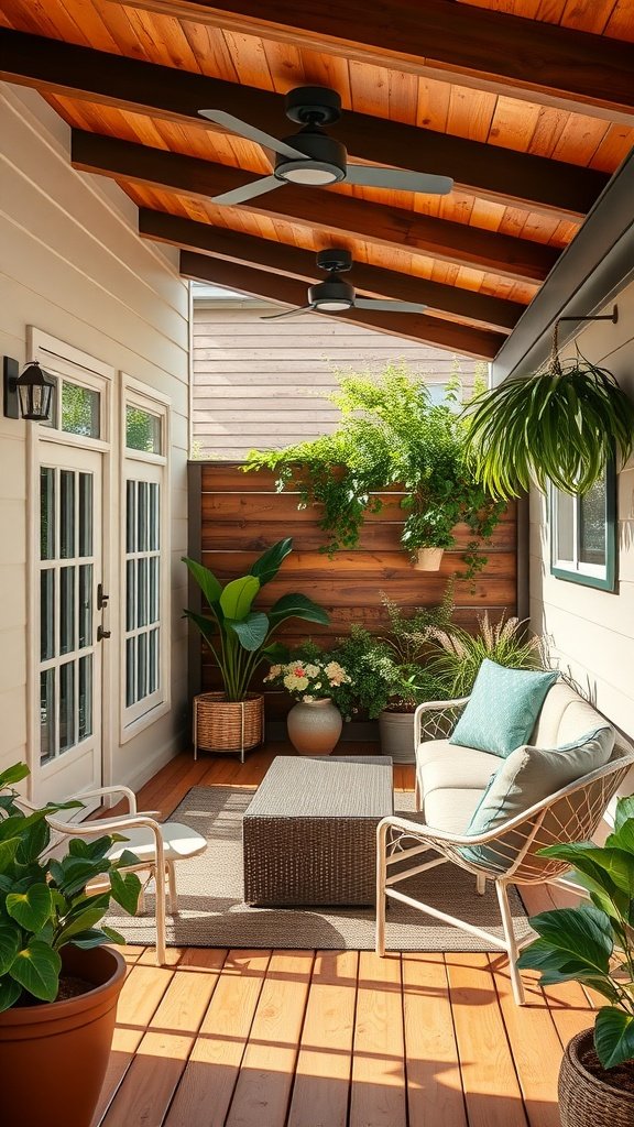 Charming outdoor living area with comfortable seating and lush plants