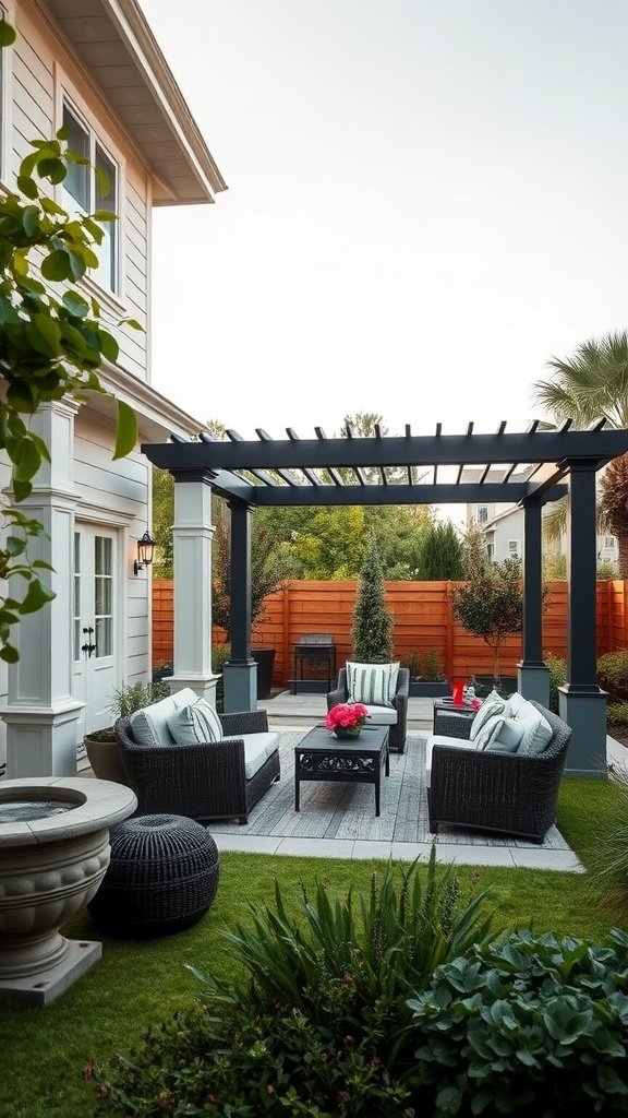 A chic outdoor pergola design featuring comfortable seating and vibrant flowers.