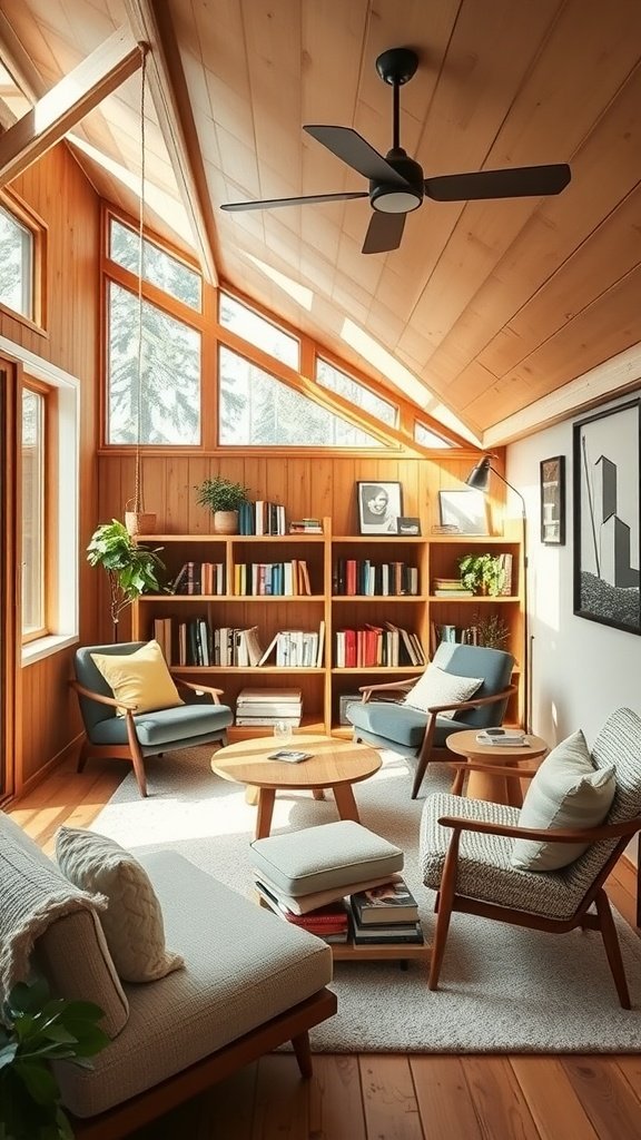 A cozy and stylish mid-century modern reading nook with wooden walls, comfortable furniture, and large windows.