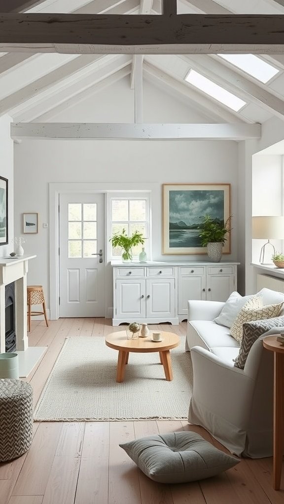 A bright and airy Scandinavian-inspired living room featuring exposed beams, simple furniture, and plants.