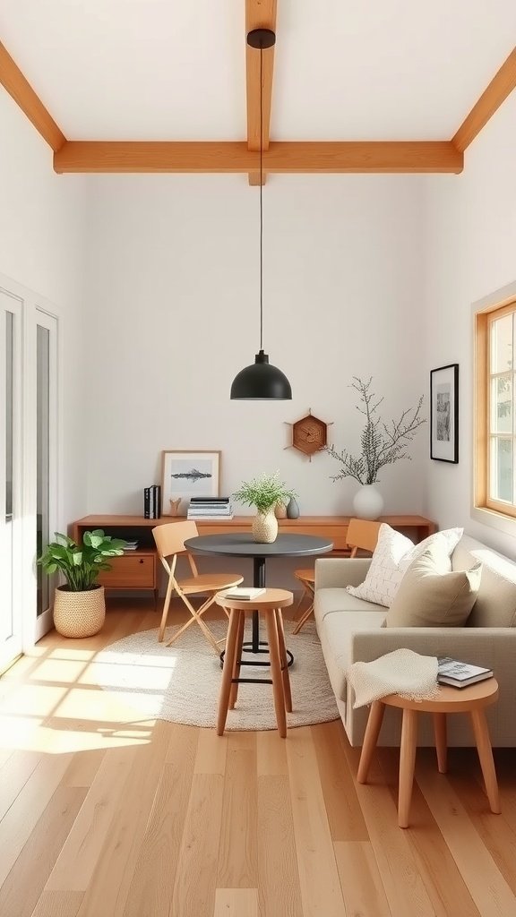 A chic Scandinavian-inspired living area with wooden beams, a cozy couch, and a sleek dining table.