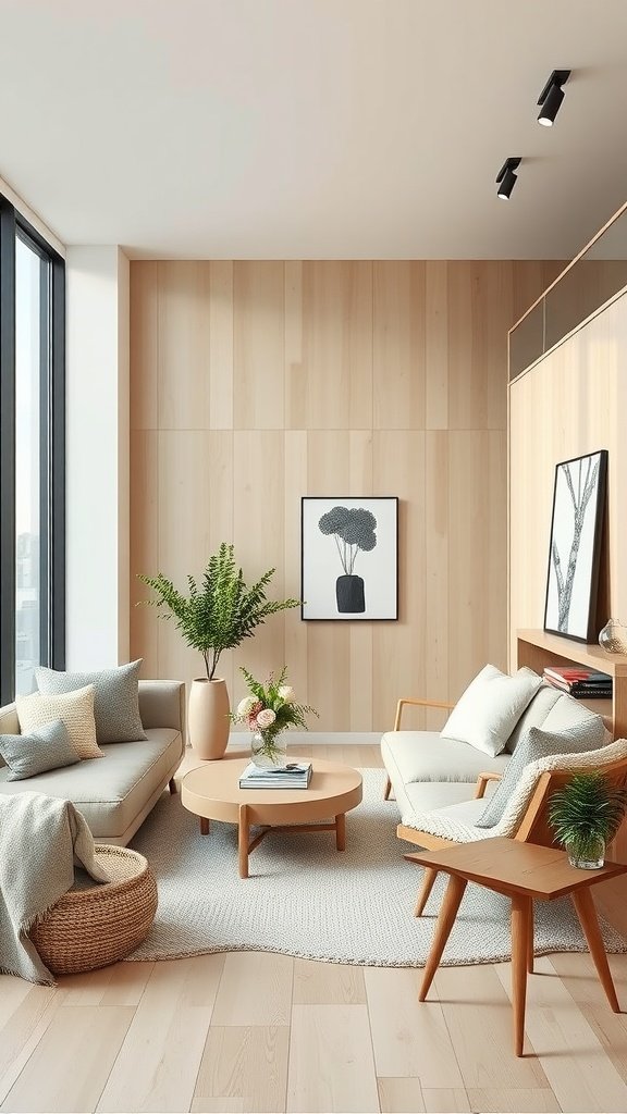 A bright Scandinavian living room featuring light wood walls, natural light from large windows, a gray sofa with pillows, a round coffee table, and green plants.