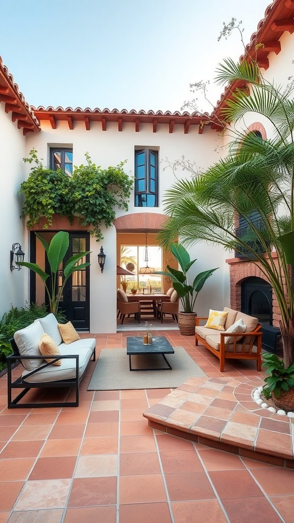 A chic Spanish Mediterranean home patio with modern seating and greenery.