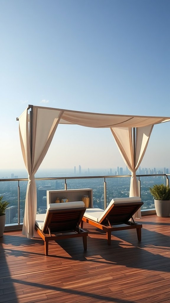 Chic sun loungers with canopies on a terrace overlooking a city skyline.