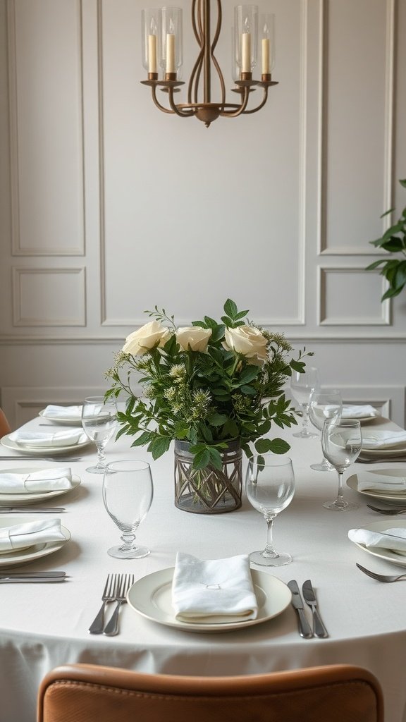 Elegant farmhouse table setting with neutral tones featuring white roses and simple tableware.