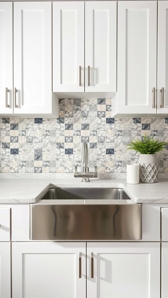 Farmhouse laundry room with a chic tile backsplash, white cabinets, and a stainless steel sink.