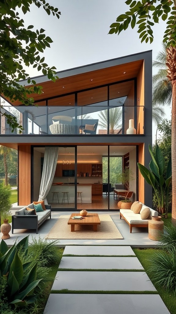 A modern tiny mansion with large windows, a patio, and lush greenery.