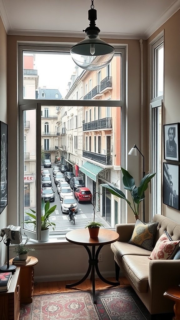 Interior of a cozy urban flat in Madrid, featuring a view of the street, a sofa, and a round table.
