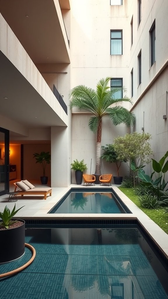 Chic urban loft featuring a courtyard pool surrounded by plants and lounge chairs.