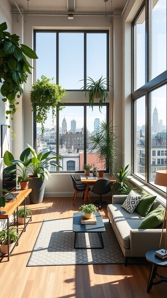 Spacious modern loft in Astoria with large windows and city views, featuring plants and stylish furniture.