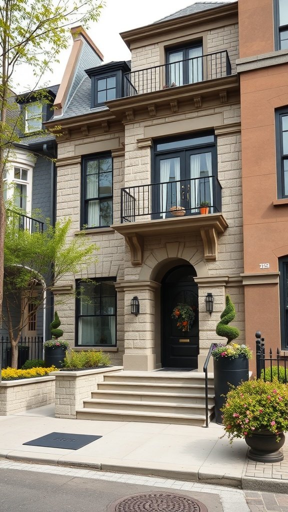 Chic urban stone townhouse with decorative planters and a welcoming entrance.