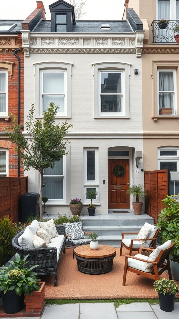 Chic urban townhouse with a cozy front yard seating area and elegant facade