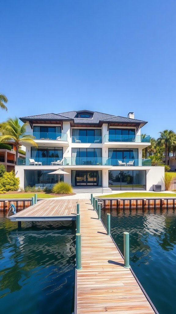A chic waterfront home with a wooden dock, surrounded by greenery and blue skies.
