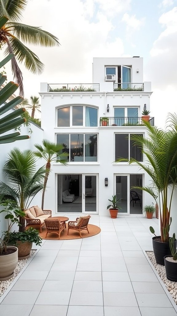 A modern white loft house with large windows and a stylish patio surrounded by greenery.