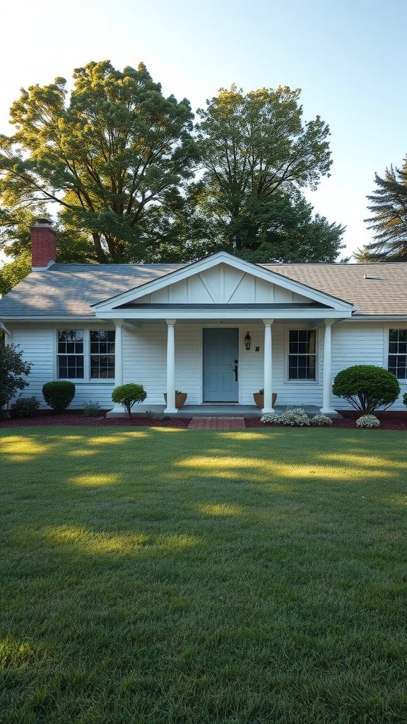 A white ranch-style house with a blue door, surrounded by greenery