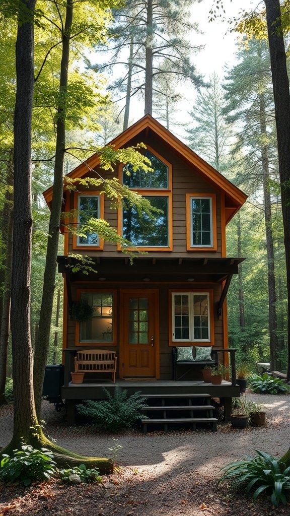 A chic tiny house surrounded by trees, featuring wooden exterior, large windows, and a welcoming porch.