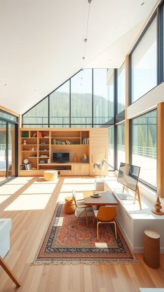 A modern mountain home interior featuring large windows, a cozy play area, and a warm color palette