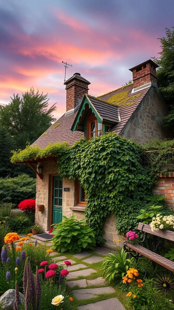 A charming cottage with a chimney and climbing vines, surrounded by colorful flowers against a beautiful sky.