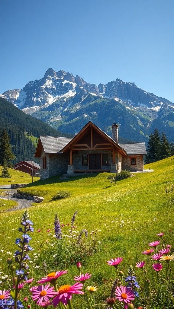 A rustic mountain house surrounded by meadows and mountains, featuring colorful flowers in the foreground.