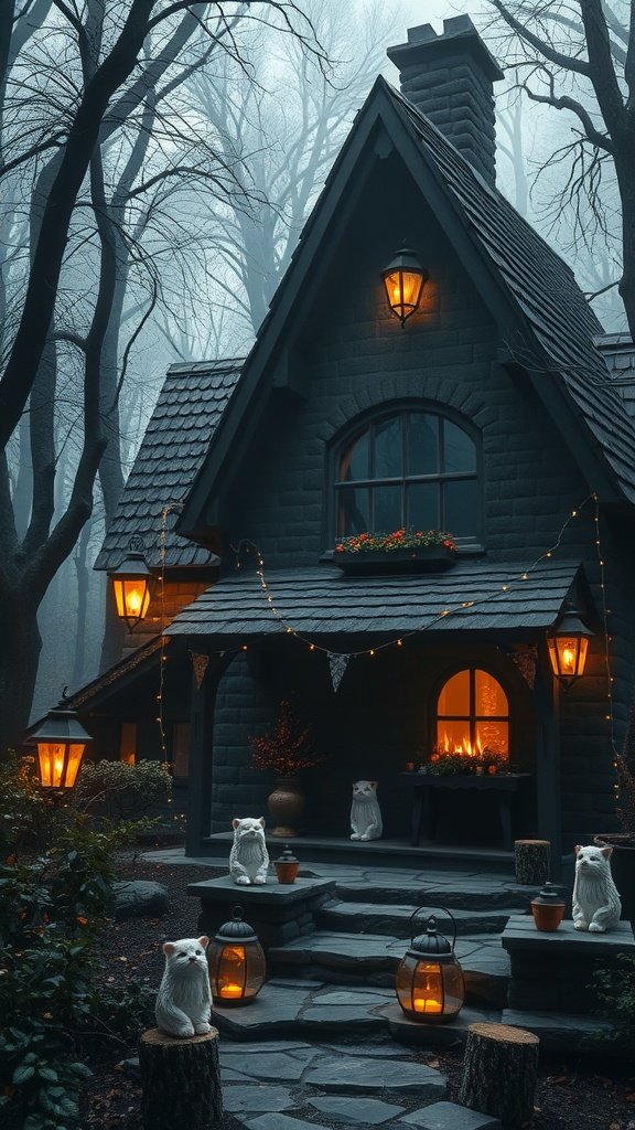 A dark cottage surrounded by trees, with glowing lanterns and whimsical decorations